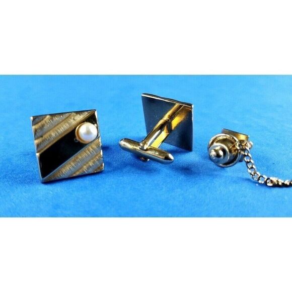 VINTAGE SWANK Men's Gold-Tone with Faux Pearl Dress Cufflinks & Tie Pin Clip Set - Picture 1 of 4